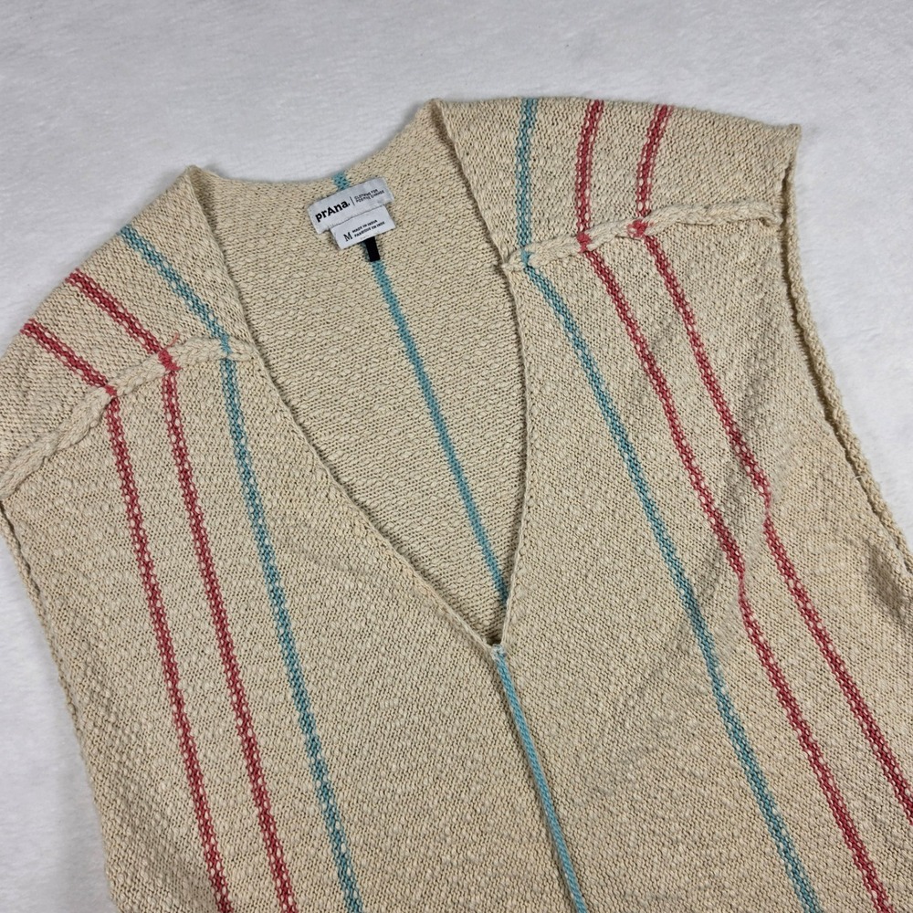 Prana Organic Cotton Knit Sweater Vest Cream Red Blue Striped V-Neck Medium